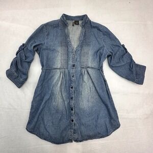 Passport Women Blue Denim Button Front Tunic Pleated V-neck Size Medium Cotton